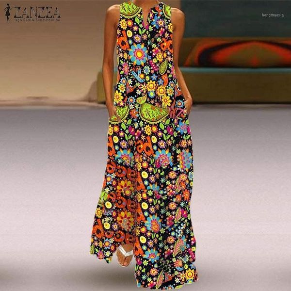 

2020 summer v neck sleeveless dress zanzea women floral printed sundress vintage party long maxi vestido femme kaftan tunic robe1, Black;gray