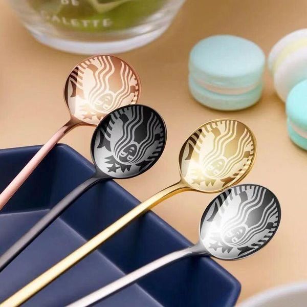 

2021 popular starbucks stainless steel coffee milk spoon small round dessert mixing fruit spoon factory supply