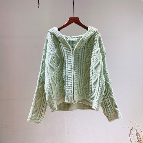 

2021 new core-spun yarn literary academy style geometric hooded solid color sweater jacket female autumn new knitted cardigan otdx, White;black