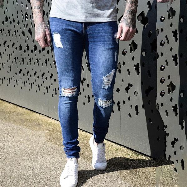

men's jeans men stretch fashion spring autumn knee hole ripped denim pants slim fit patchwork skinny, Blue