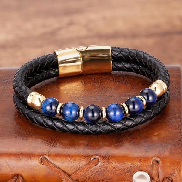 

natural blue tiger eye beads bracelets for men stainless steel magnetic clasp vintage multilayer leather bracelet wrap wristband, Golden;silver