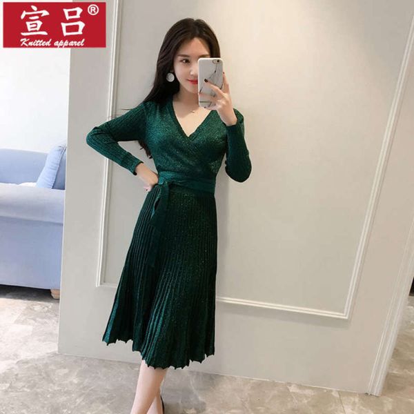 

new sleeve term long stock v-neck spring lace up medium length bright silk knitted dress, Black;gray