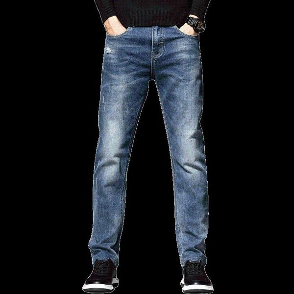 

men's jeans voreloce fitted straight denim autumn/winter brand clothing personality trend ripped youth fashion slim thick, Blue