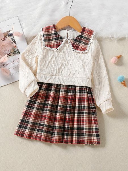 

toddler girls plaid panel peter-pan collar dress she, Red;yellow