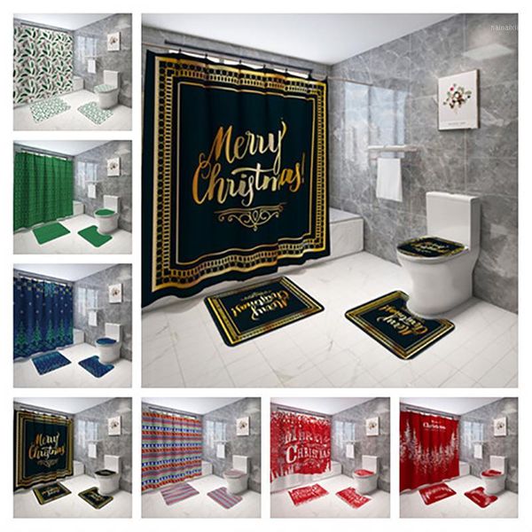 

new christmas printed bath shower curtains carpet toilet seat cover mat non-slip mat 4pcs set home bathroom decoration curtain1