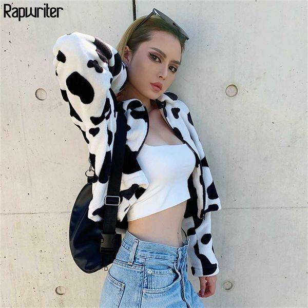 

rapwriter fashion turn down collar milk cow furry jacket women 2021 new streetwear long sleeve bomber zipper coat loose autumn lj200813, Black;brown