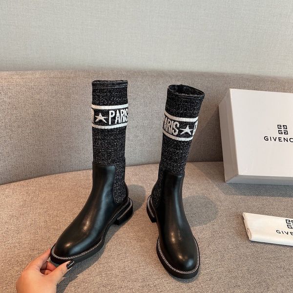 

2020ss fashion ladies sock boots leather surface and stretch knitted fabricbottes pour femmes de luxe party dress booties#3f, Black