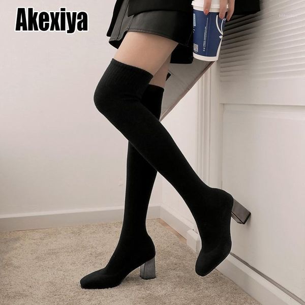

boots knitting thigh high women heels over the knee for square toe party long shoes p7551, Black