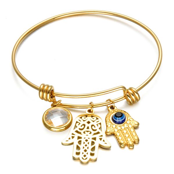 

Stinless Steel Evil Eye Fatima Hand Charm Bangle Adjustable Bracelet