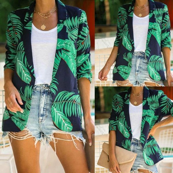 

fashion women cardigan casual lapel blazer suit leaf print thin coat female green street office outwear1, White;black