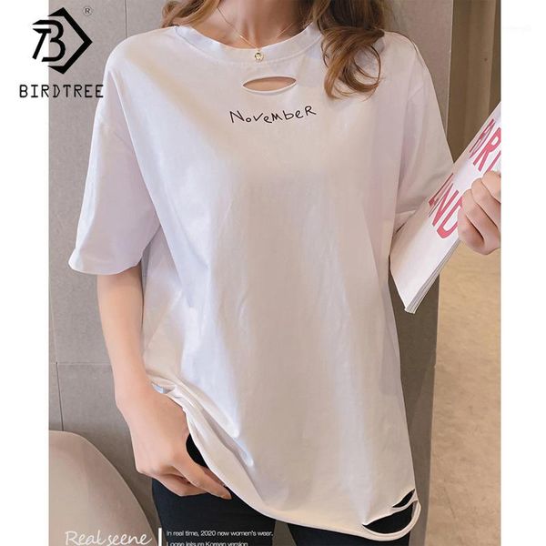 

2020 summer new women's letter t-shirt hole o-neck short sleeve long tees female loose korean style all match t02610k1, White