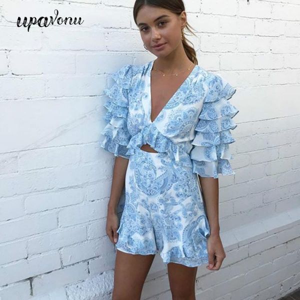 

2020 v-neck holiday backless ruffle playsuit rompers womens beach blue jumpsuit beach overalls for women holiday1, Black;white