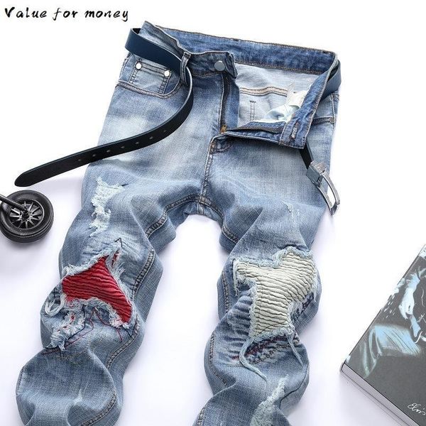 

jeans vintage men clothing hiphop streetwear distressed white medium moustache effect casual high fashion pants, Blue