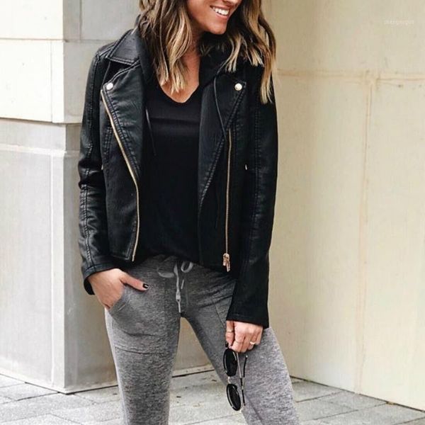 

autumn fashion cool black faux leather long sleeve zipper jacket coats for women1, Black;brown