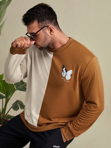 

extended sizes men two tone letter & butterfly print pullover 16rv#, Black