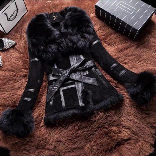 

women's leather & faux slim genuine coat real wool fur lining warm winter jackets, Black