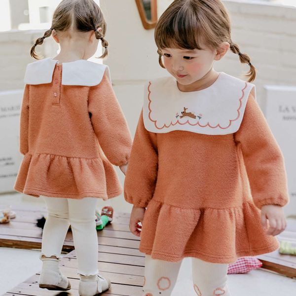 

autumn winter korean 2020 girl's drs square collar embroidery high grade veet princs trumpet children's skirt, Red;yellow