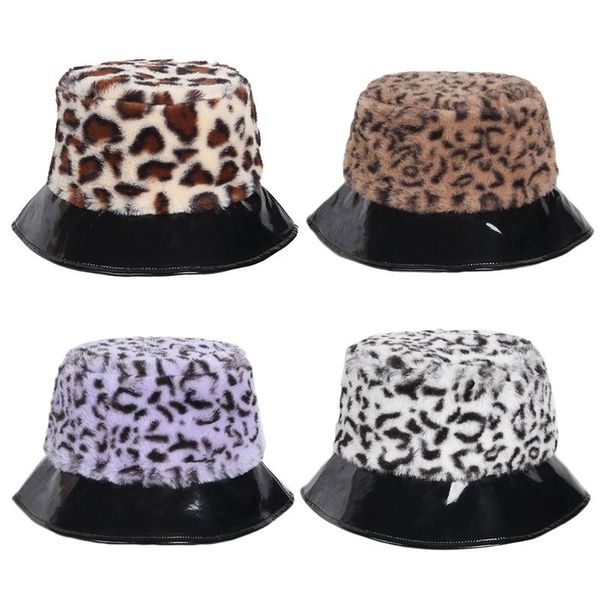 

women winter fuzzy plush leopard bucket hat faux leather short brim panama cap, Blue;gray