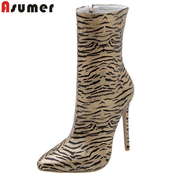 

asumer plus size 34-48 fashion autumn winter boots pointed toe zip super high heels ankle boots stripe prom women 2020 new, Black