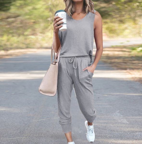 

da 2299b 2021 spring crew neck vest + drawstring pants loose solid color suit, Tan;black