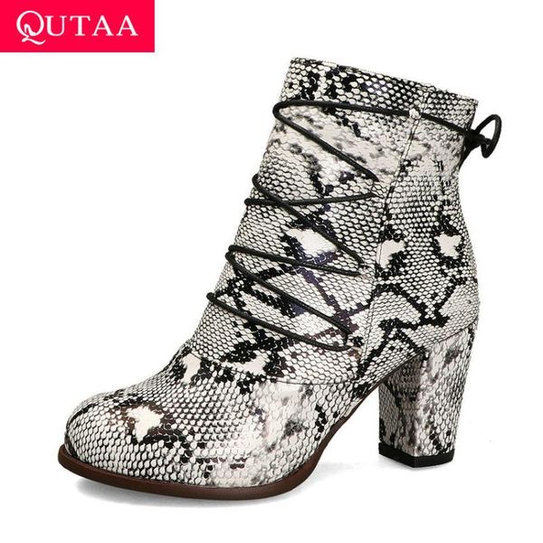

boots qutaa 2021 snakeskin pu leather warm fur autumn winter women shoes square heel casual round toe zipper ankle size 34-43, Black