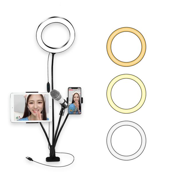 Anel de luz de mesa de 20 cm com suporte de microfone de telefone regulável Lâmpada de anel de LED Câmera de vídeo Luz de preenchimento de telefone para YouTube ao vivo