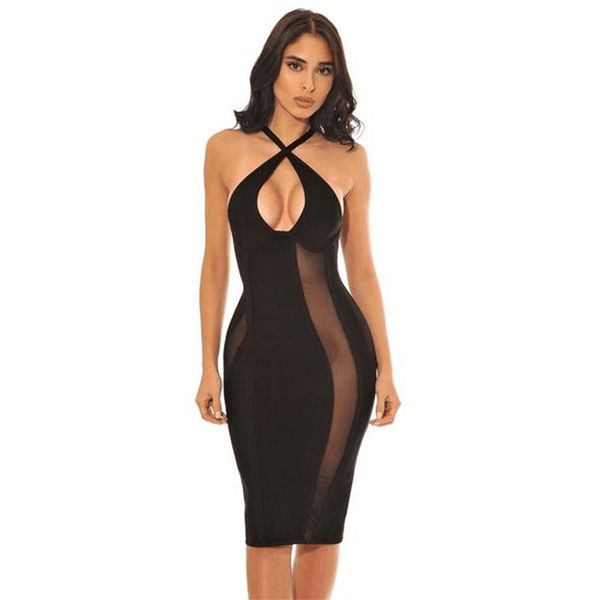 

2020 new fashion design halter black solid cross semi-transparent malha patchwork mini dressed bandage evening party women 7ok8, Black;gray