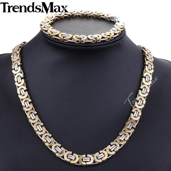 

trendsmax jewelry set 11mm flat byzantine mens boys chain necklace bracelet set gold color tone stainless steel chain gift 15, Silver