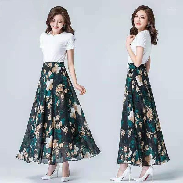 

2020 spring summer high waist chiffon plus size skirts for women 4xl casual floral print female maxi beach skirt1, Black