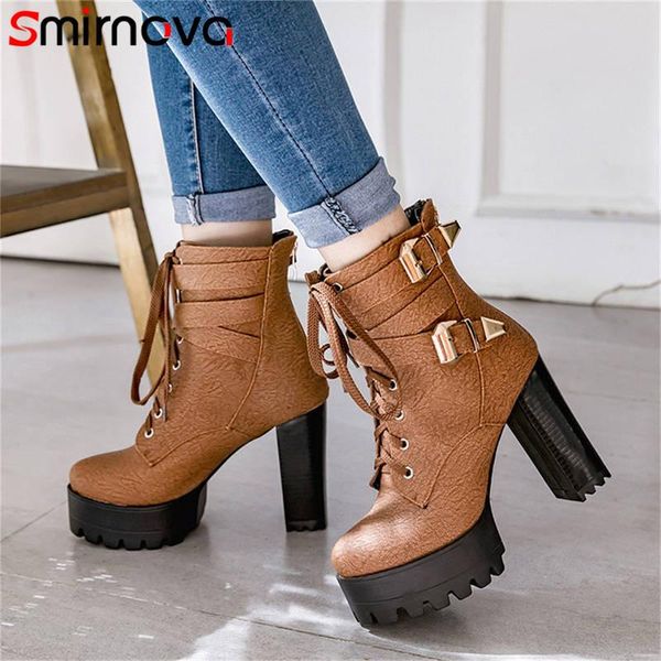

smirnova plus size 2020 fashion autumn winter shoes woman round toe platform thick heel ankle boots women zip high heels boots, Black