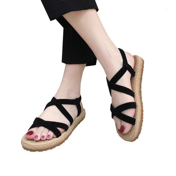 

sandals sagace flat for women 2021 women's with cross straps open toe fashion hollow elastic beach shoes1, Black