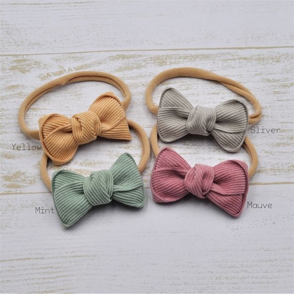 

20pcs/lot 2.3inch corduroy mini bow baby headband cute fabric bow nylon hair band for newborn infant hair accessories y200710, Slivery;white