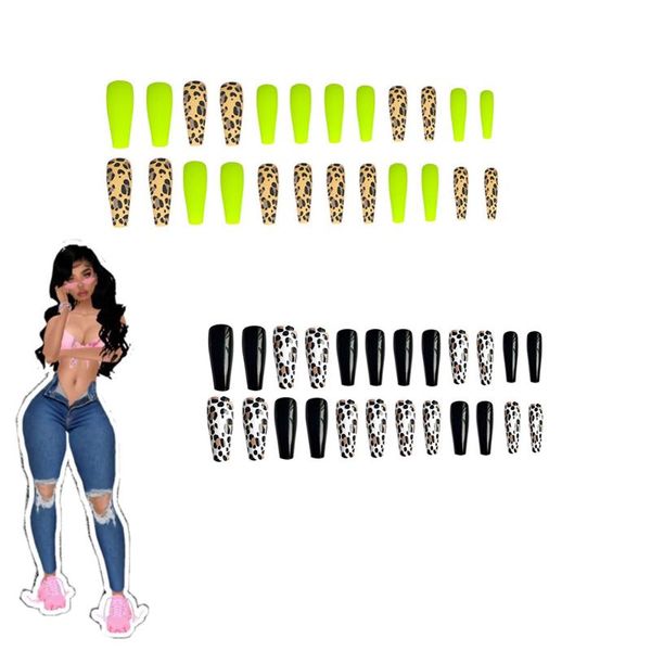 

false nails 24pcs stiletto fake leopard pattern ladies press on designed tips overhead nail art, Red;gold