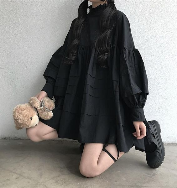 

cosplay style student dress sweet fungus collar kawaii lace up cute girl dress japanese harajuku black lantern sleeve doll, Black;gray