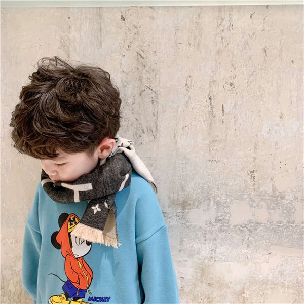 

korean letter children's scarf autumn winter new cashmere like short beard color matching shawl for boys and girls, Red;brown