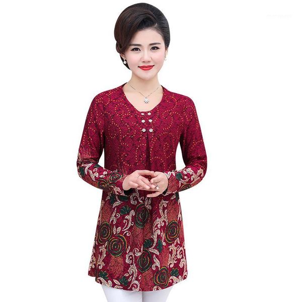 

long sleeve tshirt for women floral middle age mother spring clothes casual loose large size print o-neck tee shirts femme1, White