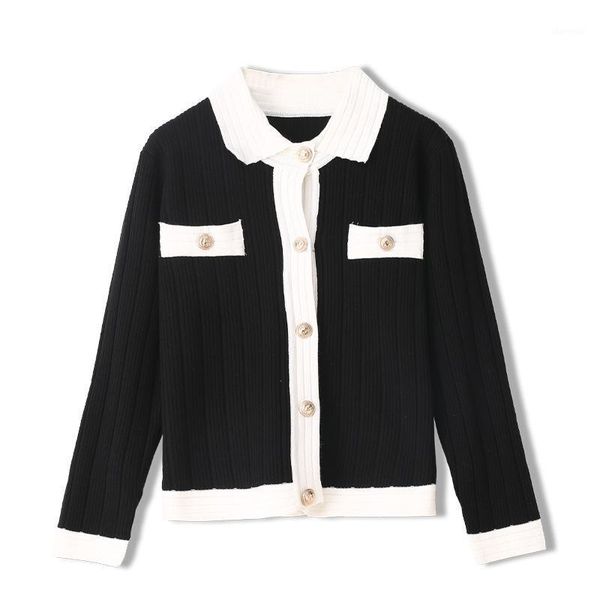 

autumn winter elegant patchwork women sweater england style turn-down collar slim knitted short white modis basic cardigan1