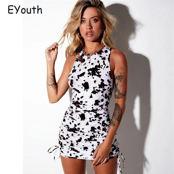 

mini sleeveless dress women 2020 summer new women's printed drawstring slim hip sleeveless short dress for womens1, Black;gray