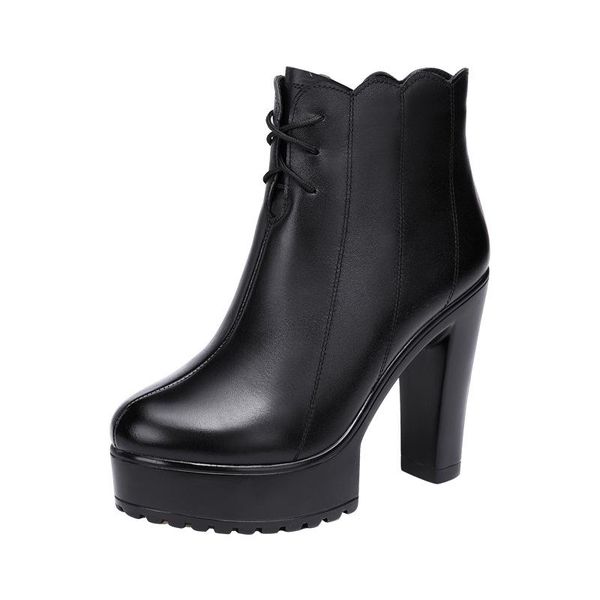 

size (32-43) fashion mid-calf round toe genuine leather shoes fall winter boots 2021 thick sole women boots platform shoes lady, Black