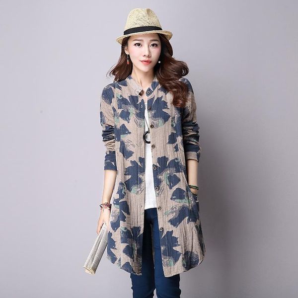 

print blouse women spring autumn new cotton linen long sleeve shirts fashion button long female casual loose blouse -3xl, White