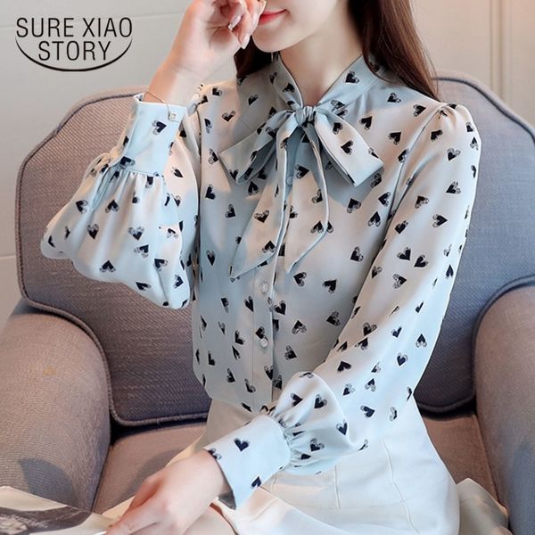 

blouse women autumn new lace-up chiffon blouse printed bow-collar slim floral long sleeve women's shirts blusas mujer 10744 201028, White