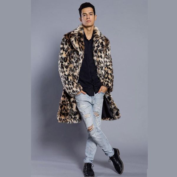 

men's fur & faux 2021 winter jacket printing leopard long sleeve lapel collar thick warm fashion chic handsome boy's coat, Black