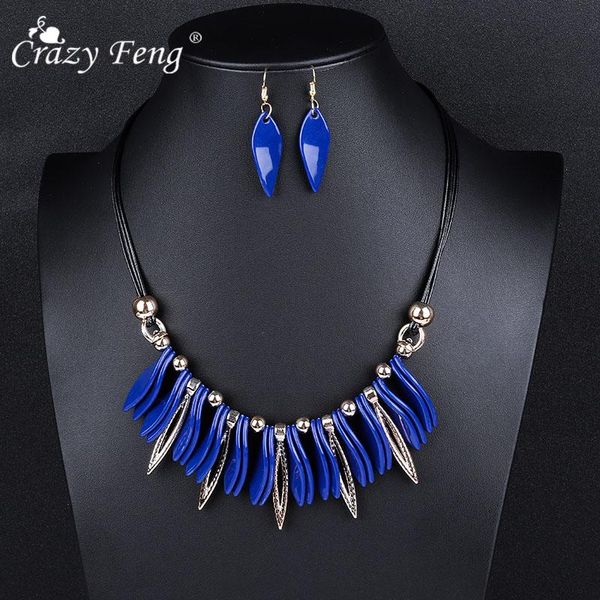 

crazy feng brand statement jewelry sets for women fashion blue red choker necklaces earrings set bridal jewelry set, Silver