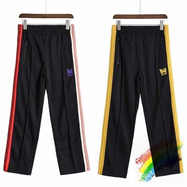 

streetwear awge needles sweatpants women men striped zipper pants butterfly embroidery joggers trousers1, Black