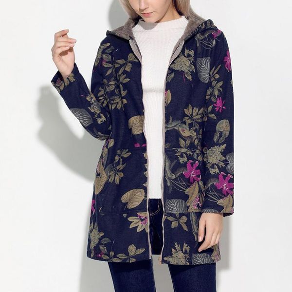 

womens hooded jacket zipper coat plus size autumn winter floral print warm vintage outerwear coats1, Black