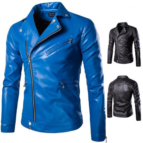 

men slim blue leather jackets punk style leather jacket autumn new male oblique zipper pu coats size 5xl1, Black