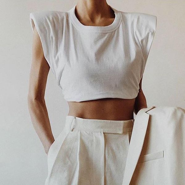 

fashion 2020 summer autumn design temperament casual round neck sleeveless short crop navel t-shirt shoulder padded, White