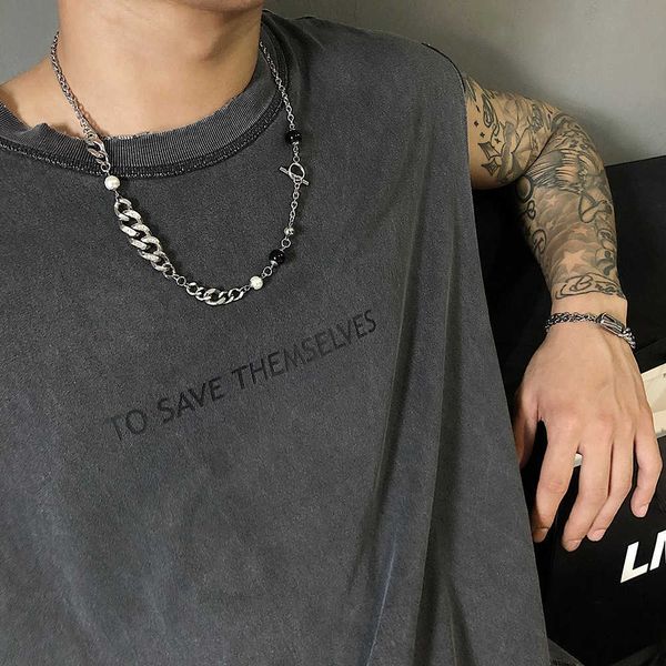 

ins hip hop titanium steel necklace pearl inlaid diamond chain splicing fashion niche design one word buckle jewelry, Silver