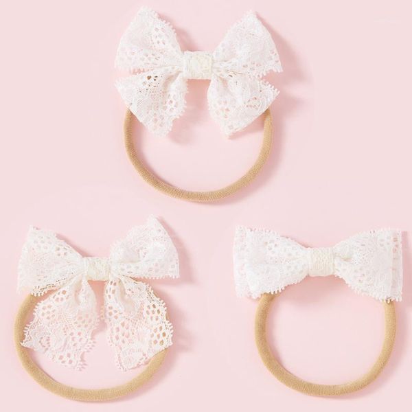 

hair accessories 3pcs/set korea lace flower baby girls nylon bands lovely embroidered headband for children bow clips1, Slivery;white