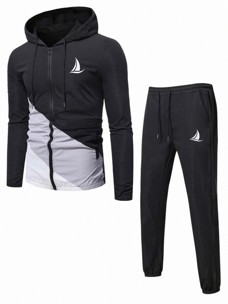 

men embroidery zip up colorblock drawstring hoodie & pants v37d#, Gray